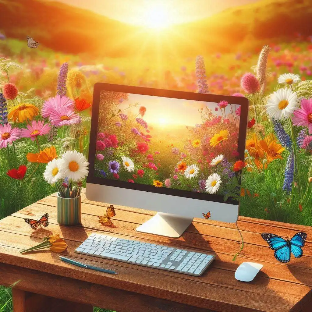 A computer in a flowery meadow